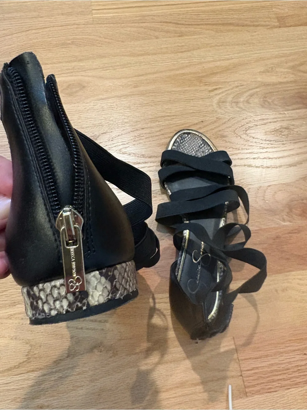 Jessica Simpson Black Strappy Sandals with Snakeskin Heel Accent
